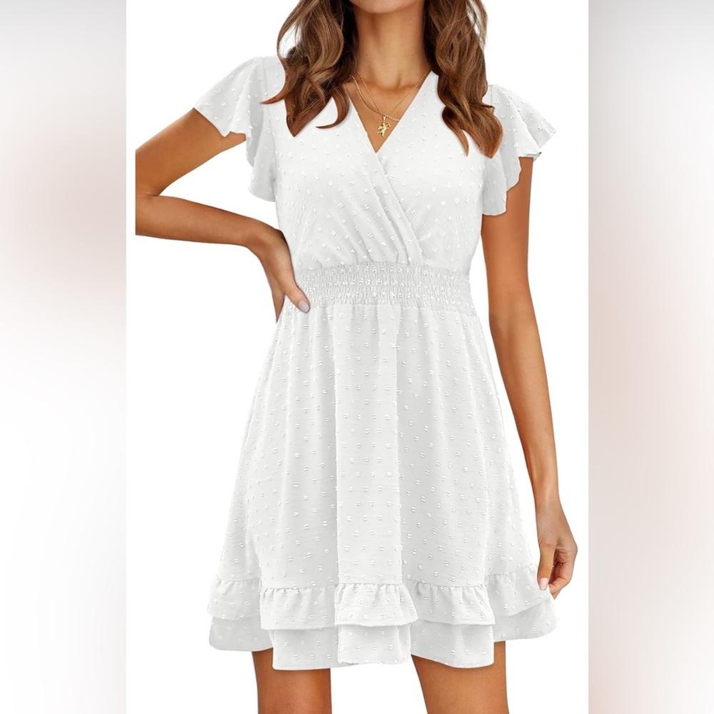 White‎ Wrap V-Neck Ruffle Sleeve Swiss Dot Casual Mini Dress, size large